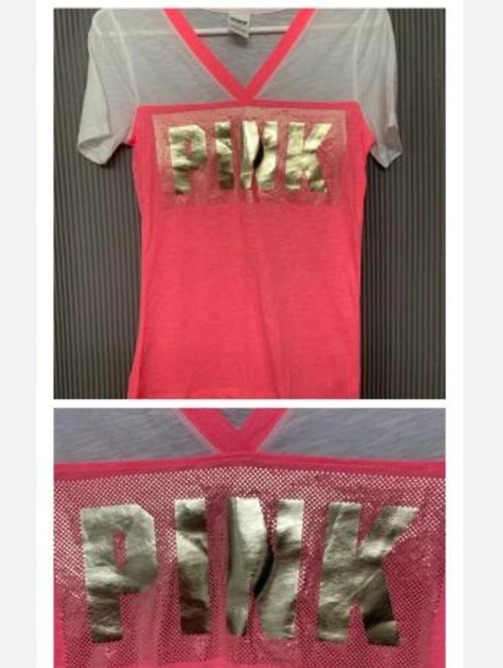 PINK Victoria's Secret Hot Pink Tee with Metallic Gold Logo & White Mesh Yoke